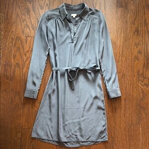 Cuyana Gray Silk Long Sleeve Shirt Dress with tie belt XS